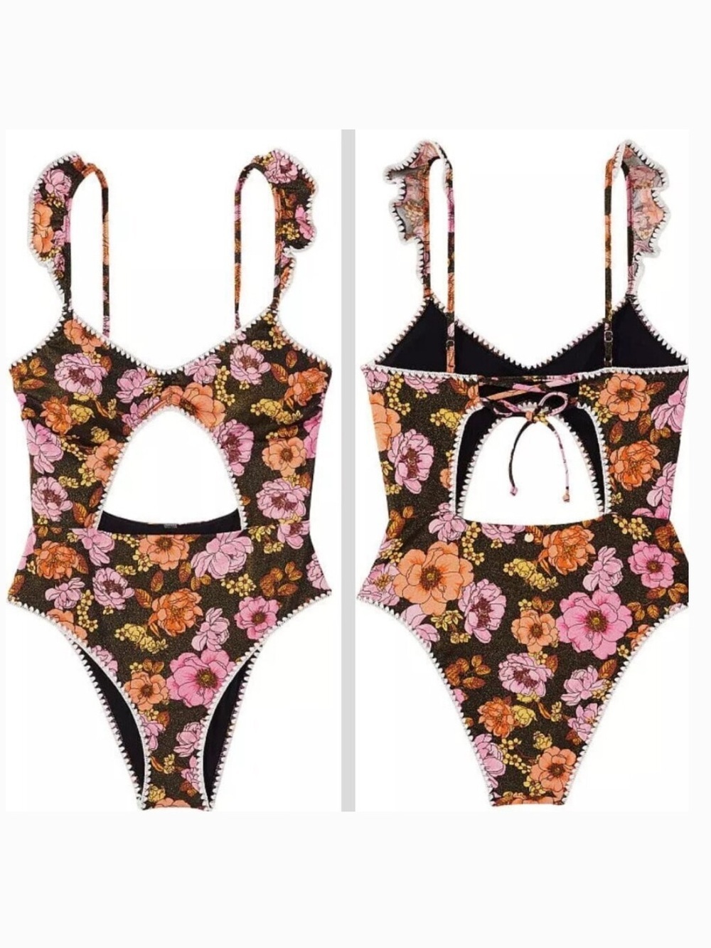 Victorias Secret Floral Cutout One-Piece Swimsuit strappy back cheeky